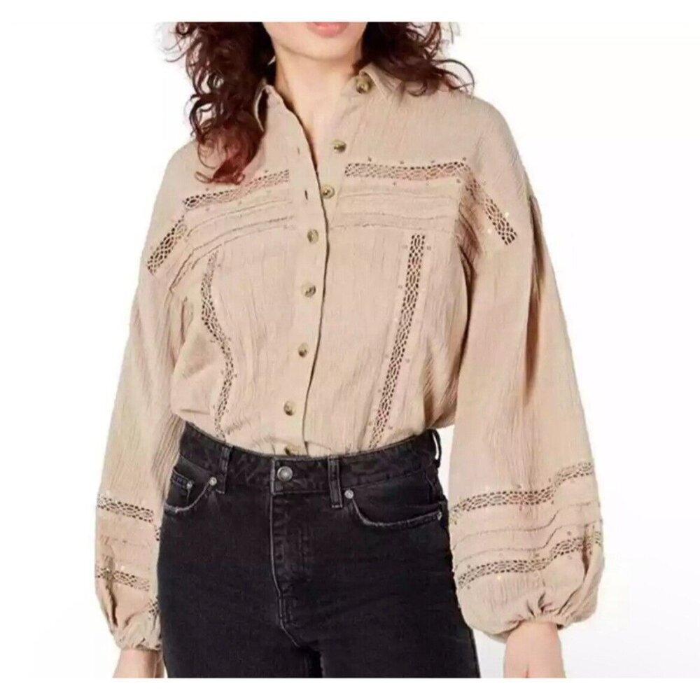 Free People Summer Stars Puffy-Sleeve Button Down Crochet Trim Top XS Brown